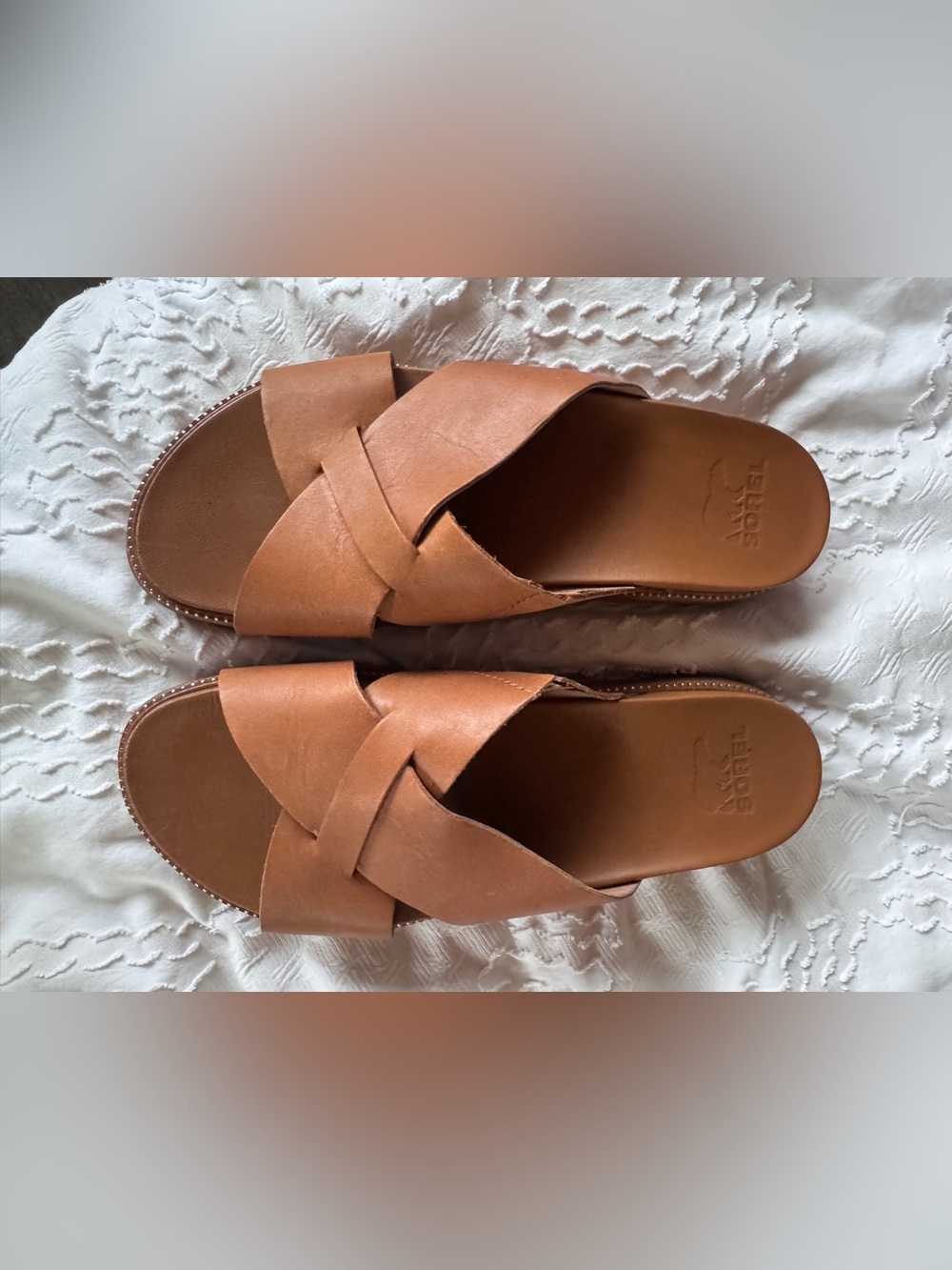 Sorel Women’s Tan Leather Slide Sandals - Classic Cross Strap
